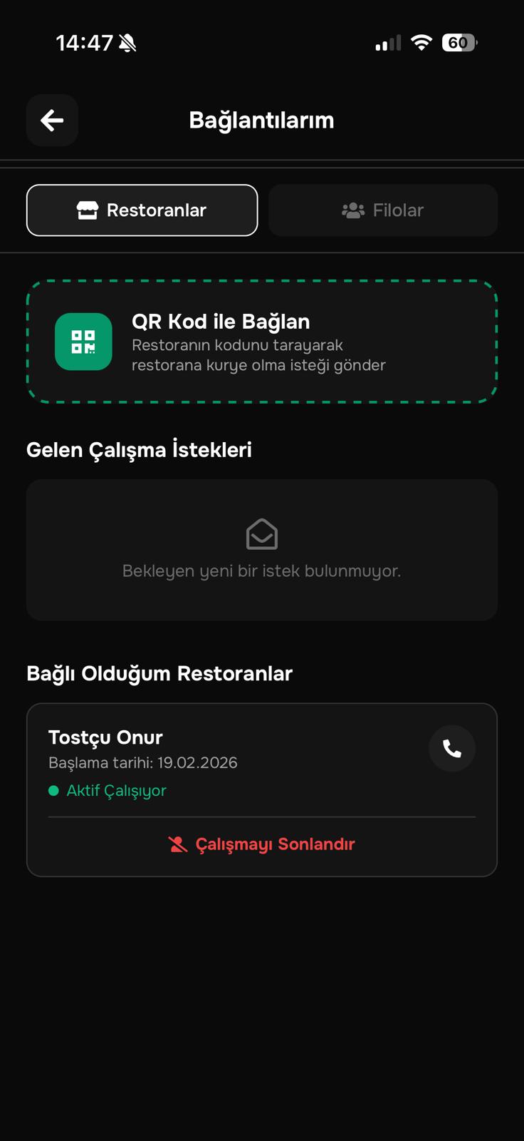Kurye Bağlantılar Ekranı