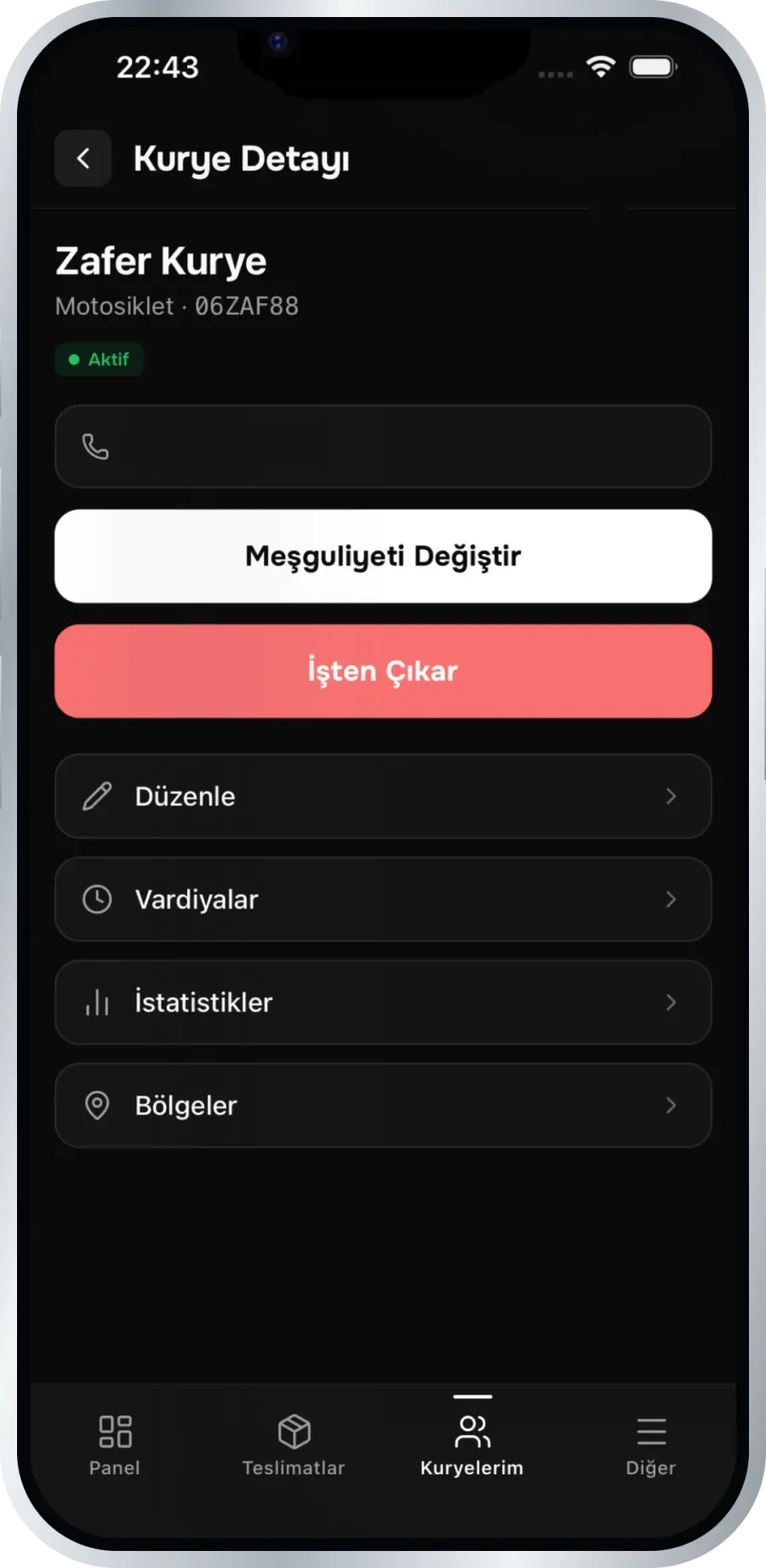 Hızlıyo filo yönetimi kurye detayı ekranı: kurye adı, araç tipi ve aktiflik durumu ile vardiyalar, istatistikler ve bölgeler kısayolları