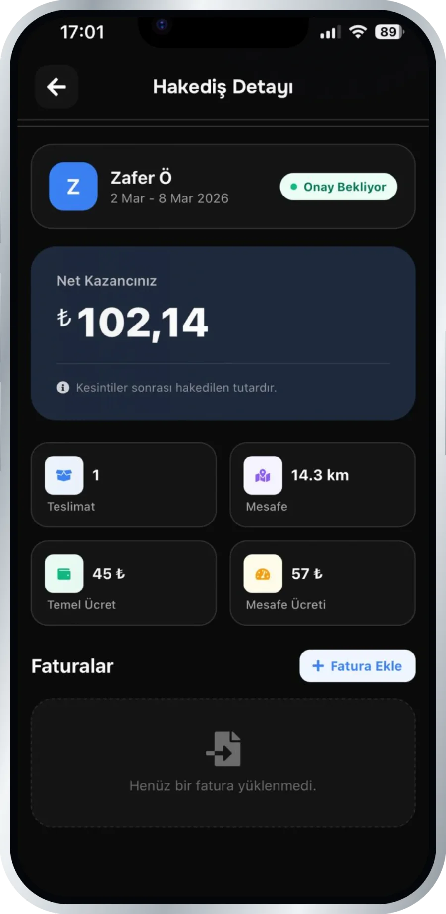 Hızlıyo kurye uygulaması hakediş detayı ekranı: net kazanç 102,14 TL, 1 teslimat, 14.3 km mesafe, 45 TL temel ücret ve 57 TL mesafe ücreti kırılımı