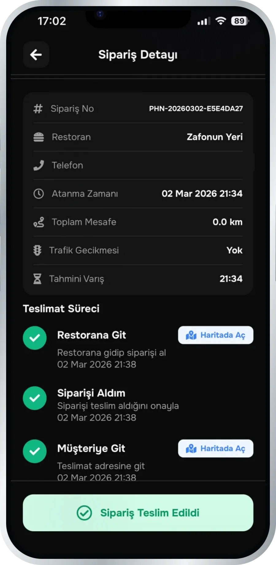 Hızlıyo kurye uygulaması sipariş detayı ekranı: sipariş numarası, restoran adı, toplam mesafe, trafik gecikmesi ve tahmini varış bilgisi ile adım adım teslimat süreci