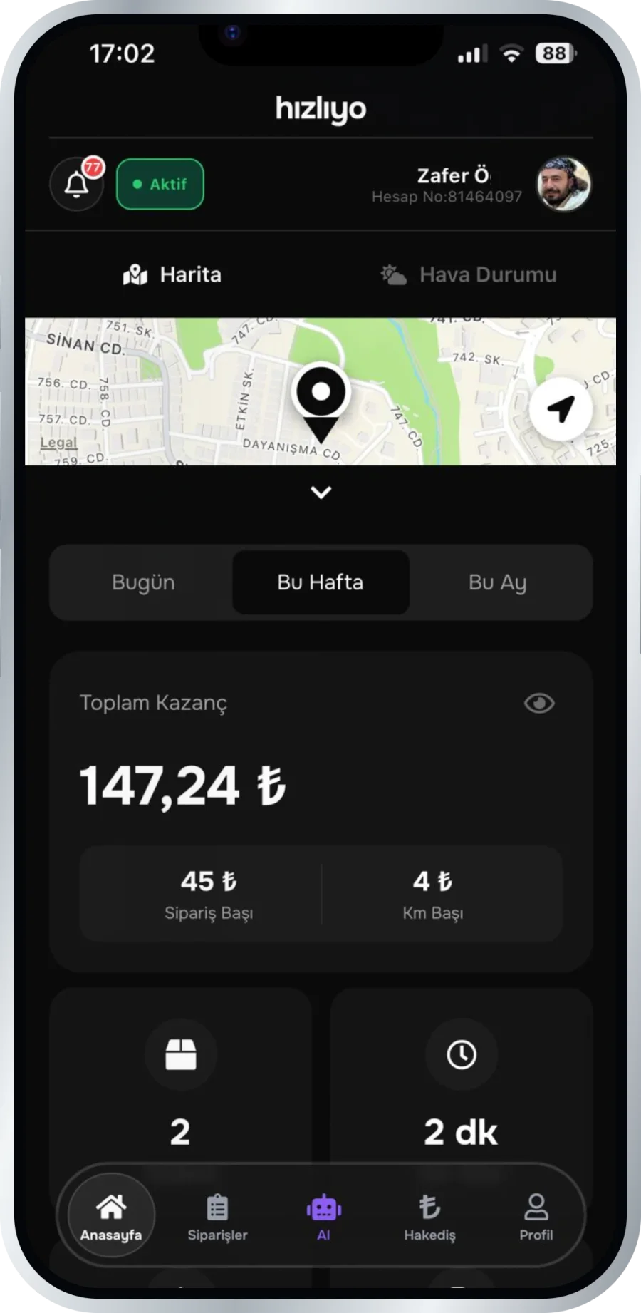 Hızlıyo kurye uygulaması ana ekranı: harita üzerinde kurye konumu, toplam kazanç 147,24 TL, sipariş başı 45 TL ve km başı 4 TL kazanç kartları