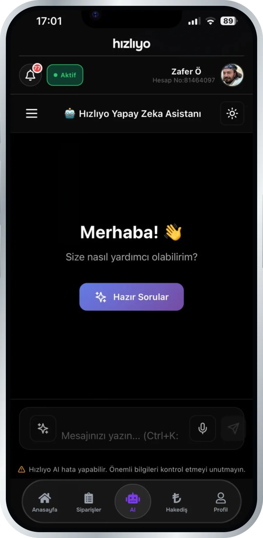 Hızlıyo kurye uygulaması yapay zekâ asistanı ekranı: Türkçe soru sorulabilen sohbet penceresi ve hazır sorular butonu